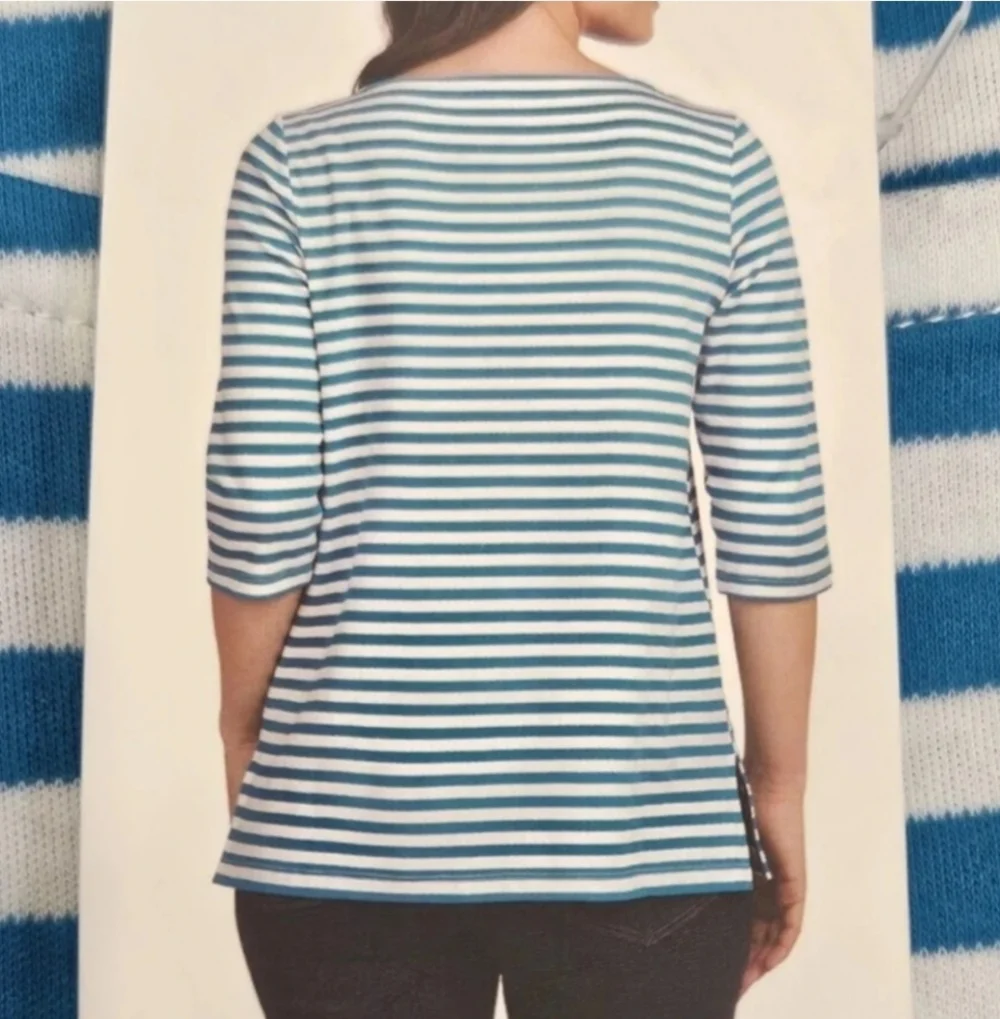 NWT Lands' End 3/4 Sleeve Boat Neck Pima Cotton Tee Blue/White Stripes‎